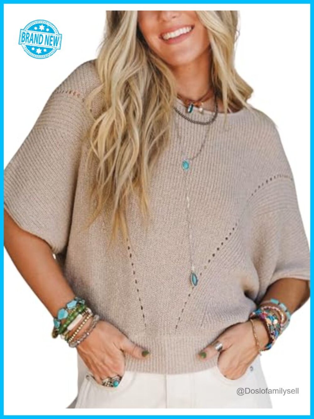 Womens Oversized Knit Sweater Top Half Batwing Sleeve Crew Neck Pullover